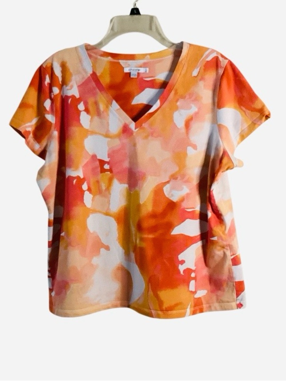 Chico’s V-neck Cotton Vibrant Colorful Watercolor Tee XL